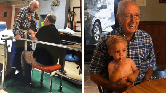 Side-by-side image of Melvin Clarke in therapy and Melvin Clarke smiling, holding his grandchild, after completing therapy